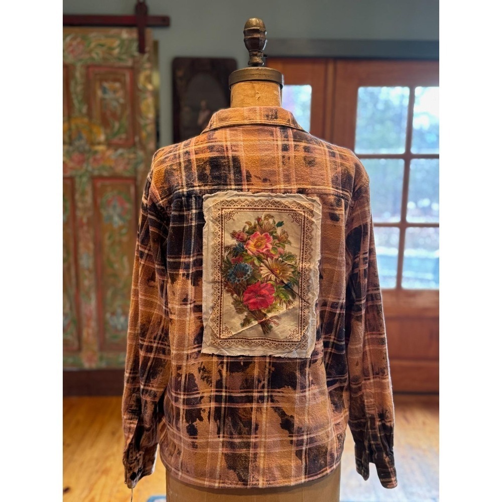 Distressed/ Reworked Flannel | Boho Floral Heritage| One of a kind Patchwork - Picture 3 of 7